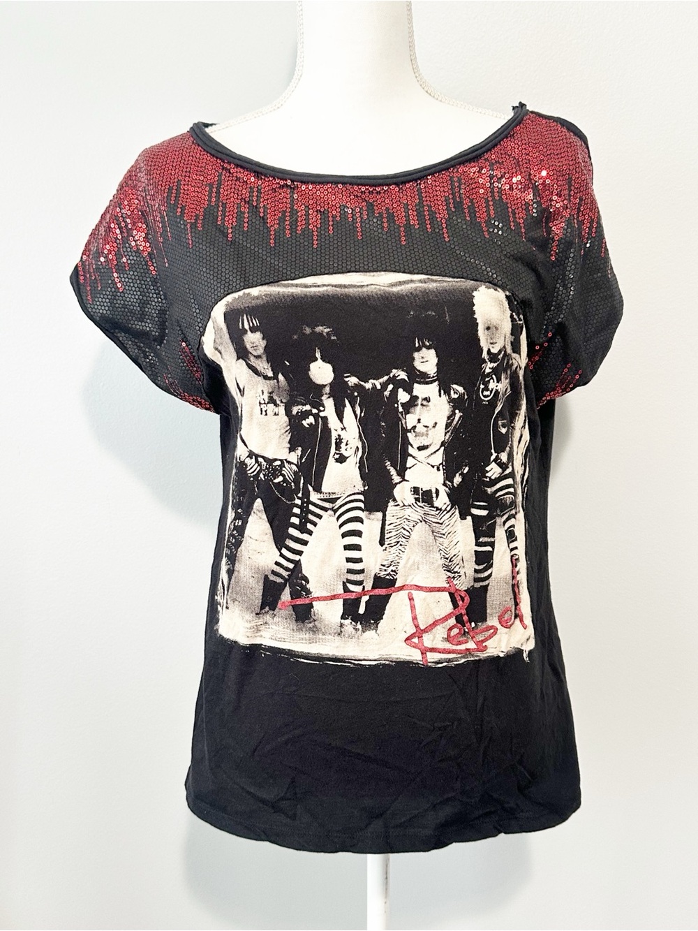 Authentic Icon Rebel band sequin tee top black rocker size XS 80s glam rock